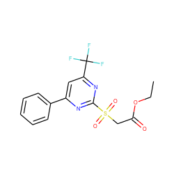 CCOC(=O)CS(=O)(=O)c1nc(-c2ccccc2)cc(C(F)(F)F)n1 ZINC000000900389