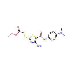 CCOC(=O)CSc1nc(N)c(C(=O)Nc2ccc(N(C)C)cc2)s1 ZINC000001831912