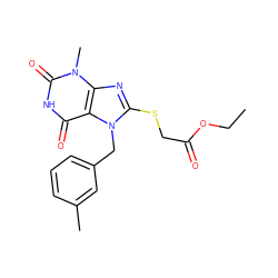 CCOC(=O)CSc1nc2c(c(=O)[nH]c(=O)n2C)n1Cc1cccc(C)c1 ZINC000000839515