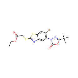 CCOC(=O)CSc1nc2cc(-n3nc(C(C)(C)C)oc3=O)c(Br)cc2s1 ZINC000073199000