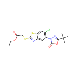 CCOC(=O)CSc1nc2cc(-n3nc(C(C)(C)C)oc3=O)c(Cl)cc2s1 ZINC000073388462