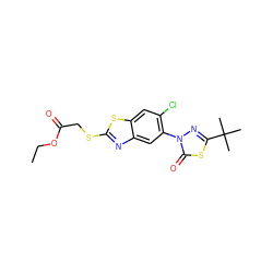 CCOC(=O)CSc1nc2cc(-n3nc(C(C)(C)C)sc3=O)c(Cl)cc2s1 ZINC000073200156