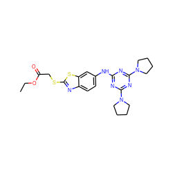 CCOC(=O)CSc1nc2ccc(Nc3nc(N4CCCC4)nc(N4CCCC4)n3)cc2s1 ZINC000000680536