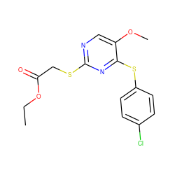 CCOC(=O)CSc1ncc(OC)c(Sc2ccc(Cl)cc2)n1 ZINC000001388519