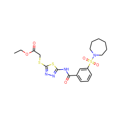 CCOC(=O)CSc1nnc(NC(=O)c2cccc(S(=O)(=O)N3CCCCCC3)c2)s1 ZINC000008828757