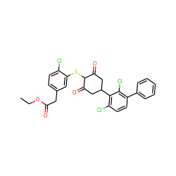 CCOC(=O)Cc1ccc(Cl)c(SC2C(=O)CC(c3c(Cl)ccc(-c4ccccc4)c3Cl)CC2=O)c1 ZINC000473120515