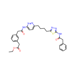 CCOC(=O)Cc1cccc(CC(=O)Nc2ccc(CCCCc3nnc(NC(=O)Cc4ccccc4)s3)nn2)c1 ZINC000169698415