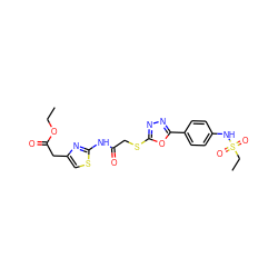 CCOC(=O)Cc1csc(NC(=O)CSc2nnc(-c3ccc(NS(=O)(=O)CC)cc3)o2)n1 ZINC000013151215