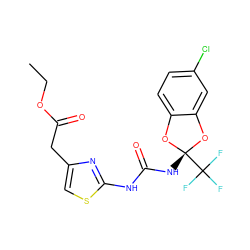 CCOC(=O)Cc1csc(NC(=O)N[C@@]2(C(F)(F)F)Oc3ccc(Cl)cc3O2)n1 ZINC000001470941