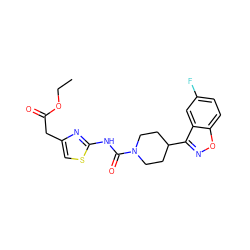 CCOC(=O)Cc1csc(NC(=O)N2CCC(c3noc4ccc(F)cc34)CC2)n1 ZINC000218637570