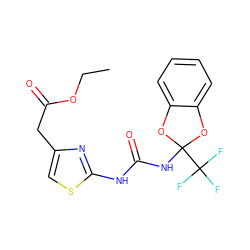 CCOC(=O)Cc1csc(NC(=O)NC2(C(F)(F)F)Oc3ccccc3O2)n1 ZINC000001099163