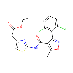 CCOC(=O)Cc1csc(NC(=O)c2c(-c3c(Cl)cccc3Cl)noc2C)n1 ZINC000009329968