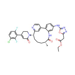 CCOC(=O)Cc1nnc(Nc2ccc3c(c2)NC(=O)[C@H](C)CCC[C@H](N2CCC(c4c(F)ccc(Cl)c4F)=CC2=O)c2cc-3ccn2)o1 ZINC001772619881