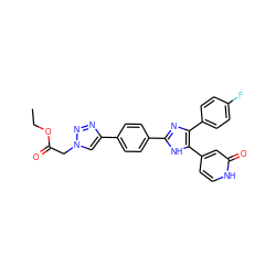 CCOC(=O)Cn1cc(-c2ccc(-c3nc(-c4ccc(F)cc4)c(-c4cc[nH]c(=O)c4)[nH]3)cc2)nn1 ZINC000299833998