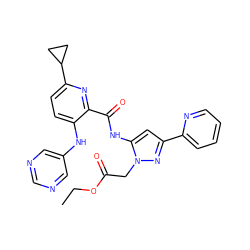 CCOC(=O)Cn1nc(-c2ccccn2)cc1NC(=O)c1nc(C2CC2)ccc1Nc1cncnc1 ZINC000096167388