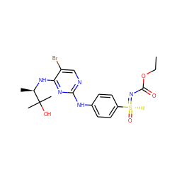 CCOC(=O)N=[S@@](C)(=O)c1ccc(Nc2ncc(Br)c(N[C@H](C)C(C)(C)O)n2)cc1 ZINC000096170612