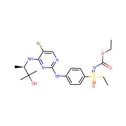 CCOC(=O)N=[S@](=O)(CC)c1ccc(Nc2ncc(Br)c(N[C@H](C)C(C)(C)O)n2)cc1 ZINC000096170616