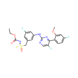 CCOC(=O)N=[S@](C)(=O)Cc1cc(F)cc(Nc2ncc(F)c(-c3ccc(F)cc3OC)n2)c1 ZINC000206892358