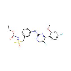 CCOC(=O)N=[S@](C)(=O)Cc1cccc(Nc2ncc(F)c(-c3ccc(F)cc3OC)n2)c1 ZINC000206888619