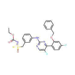 CCOC(=O)N=[S@](C)(=O)Cc1cccc(Nc2ncc(F)c(-c3ccc(F)cc3OCc3ccccc3)n2)c1 ZINC000206888836