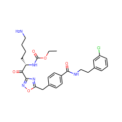 CCOC(=O)N[C@@H](CCCCN)C(=O)c1noc(Cc2ccc(C(=O)NCCc3cccc(Cl)c3)cc2)n1 ZINC000034804010