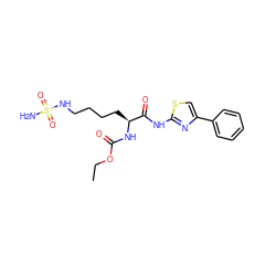 CCOC(=O)N[C@@H](CCCCNS(N)(=O)=O)C(=O)Nc1nc(-c2ccccc2)cs1 ZINC000040405126