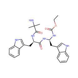 CCOC(=O)N[C@@H](Cc1c[nH]c2ccccc12)NC(=O)[C@@H](Cc1c[nH]c2ccccc12)NC(=O)C(C)(C)N ZINC000028224782