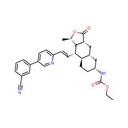 CCOC(=O)N[C@@H]1CC[C@@H]2[C@@H](C1)C[C@H]1C(=O)O[C@H](C)[C@H]1[C@H]2/C=C/c1ccc(-c2cccc(C#N)c2)cn1 ZINC000044280502