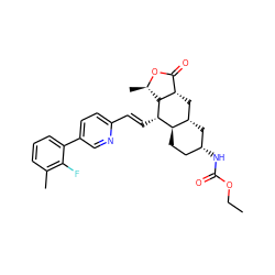 CCOC(=O)N[C@@H]1CC[C@@H]2[C@@H](C1)C[C@H]1C(=O)O[C@H](C)[C@H]1[C@H]2/C=C/c1ccc(-c2cccc(C)c2F)cn1 ZINC000042834505