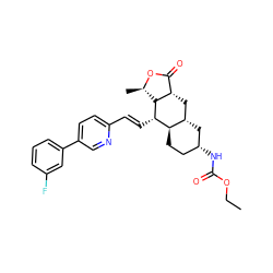 CCOC(=O)N[C@@H]1CC[C@@H]2[C@@H](C1)C[C@H]1C(=O)O[C@H](C)[C@H]1[C@H]2/C=C/c1ccc(-c2cccc(F)c2)cn1 ZINC000003925861