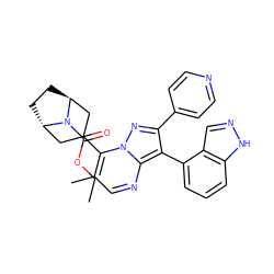 CCOC(=O)N1[C@H]2CC[C@H]1CC(c1c(C)cnc3c(-c4cccc5[nH]ncc45)c(-c4ccncc4)nn13)C2 ZINC000101299533