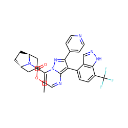 CCOC(=O)N1[C@H]2CC[C@H]1CC(c1ccnc3c(-c4ccc(C(F)(F)F)c5[nH]ncc45)c(-c4ccncc4)nn13)C2 ZINC000101299478