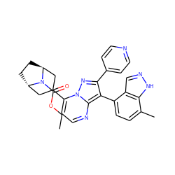 CCOC(=O)N1[C@H]2CC[C@H]1CC(c1ccnc3c(-c4ccc(C)c5[nH]ncc45)c(-c4ccncc4)nn13)C2 ZINC000101299502