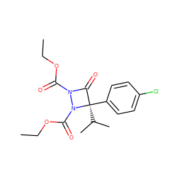 CCOC(=O)N1C(=O)[C@](c2ccc(Cl)cc2)(C(C)C)N1C(=O)OCC ZINC000015924600