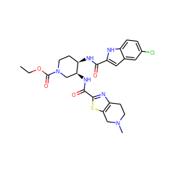 CCOC(=O)N1CC[C@@H](NC(=O)c2cc3cc(Cl)ccc3[nH]2)[C@@H](NC(=O)c2nc3c(s2)CN(C)CC3)C1 ZINC000029128481