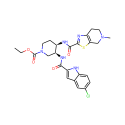 CCOC(=O)N1CC[C@@H](NC(=O)c2nc3c(s2)CN(C)CC3)[C@@H](NC(=O)c2cc3cc(Cl)ccc3[nH]2)C1 ZINC000029128442