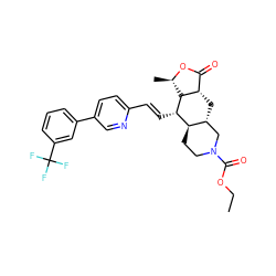 CCOC(=O)N1CC[C@@H]2[C@H](C[C@H]3C(=O)O[C@H](C)[C@H]3[C@H]2/C=C/c2ccc(-c3cccc(C(F)(F)F)c3)cn2)C1 ZINC000028712073