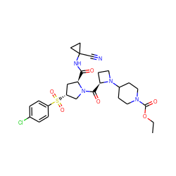 CCOC(=O)N1CCC(N2CC[C@@H]2C(=O)N2C[C@H](S(=O)(=O)c3ccc(Cl)cc3)C[C@H]2C(=O)NC2(C#N)CC2)CC1 ZINC000169705327