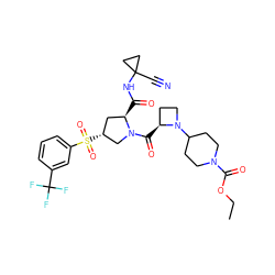 CCOC(=O)N1CCC(N2CC[C@@H]2C(=O)N2C[C@H](S(=O)(=O)c3cccc(C(F)(F)F)c3)C[C@H]2C(=O)NC2(C#N)CC2)CC1 ZINC000169705331