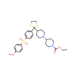 CCOC(=O)N1CCC(N2CCC(C3(c4ccc(S(=O)(=O)c5ccc(OC)cc5)cc4)SCCS3)CC2)CC1 ZINC000026655818