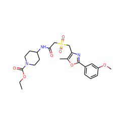 CCOC(=O)N1CCC(NC(=O)CS(=O)(=O)Cc2nc(-c3cccc(OC)c3)oc2C)CC1 ZINC000004035436