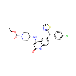 CCOC(=O)N1CCC(Nc2cc(=O)[nH]c3ccc([C@@H](c4ccc(Cl)cc4)c4nccs4)cc23)CC1 ZINC001772585763