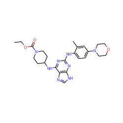 CCOC(=O)N1CCC(Nc2nc(Nc3ccc(N4CCOCC4)cc3C)nc3[nH]cnc23)CC1 ZINC000084655139