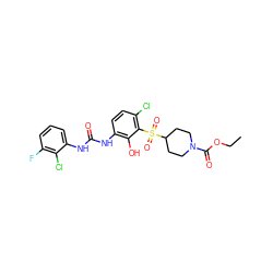 CCOC(=O)N1CCC(S(=O)(=O)c2c(Cl)ccc(NC(=O)Nc3cccc(F)c3Cl)c2O)CC1 ZINC000115477365