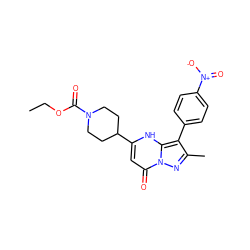 CCOC(=O)N1CCC(c2cc(=O)n3nc(C)c(-c4ccc([N+](=O)[O-])cc4)c3[nH]2)CC1 ZINC001772607445