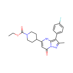 CCOC(=O)N1CCC(c2cc(=O)n3nc(C)c(-c4ccc(F)cc4)c3[nH]2)CC1 ZINC000101256571