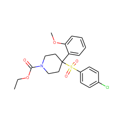 CCOC(=O)N1CCC(c2ccccc2OC)(S(=O)(=O)c2ccc(Cl)cc2)CC1 ZINC000028137006