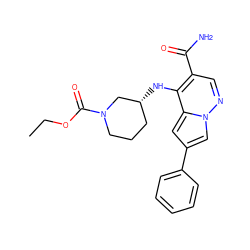 CCOC(=O)N1CCC[C@@H](Nc2c(C(N)=O)cnn3cc(-c4ccccc4)cc23)C1 ZINC000261119761