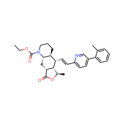 CCOC(=O)N1CCC[C@H]2[C@H](/C=C/c3ccc(-c4ccccc4C)cn3)[C@@H]3[C@@H](C)OC(=O)[C@@H]3C[C@@H]21 ZINC000028712076