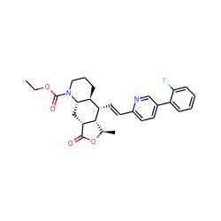 CCOC(=O)N1CCC[C@H]2[C@H](/C=C/c3ccc(-c4ccccc4F)cn3)[C@@H]3[C@@H](C)OC(=O)[C@@H]3C[C@@H]21 ZINC000028712075